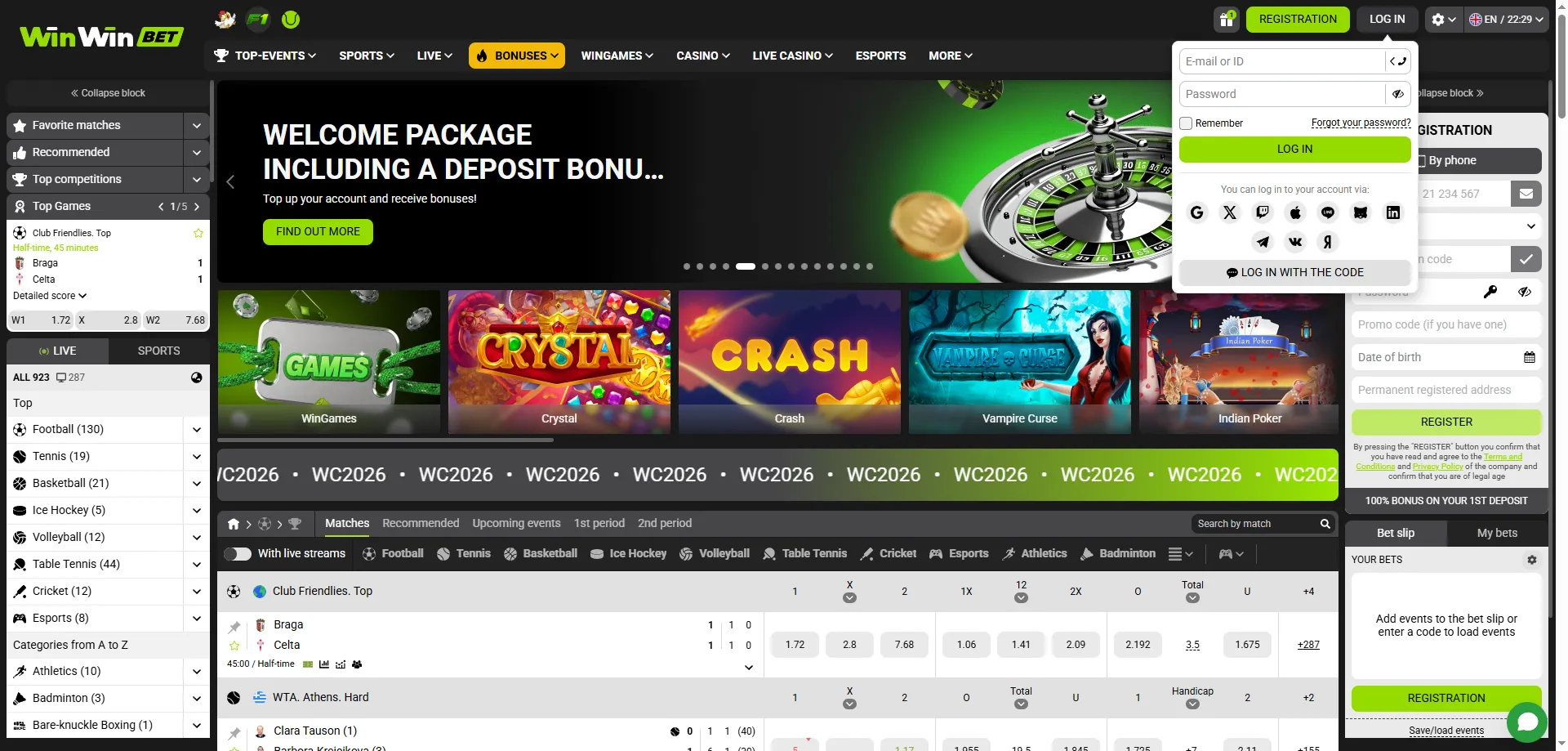 Tela de login e registro da winwinbet — acesso seguro à conta